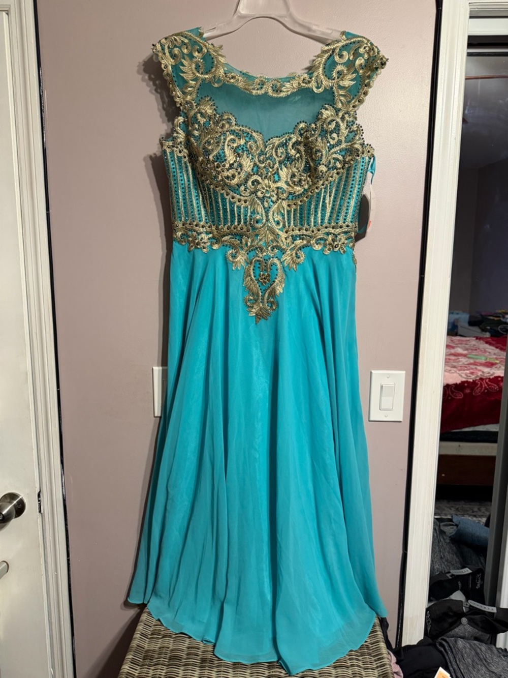 Annabella Teal Prom Dress with Gold Appliqué